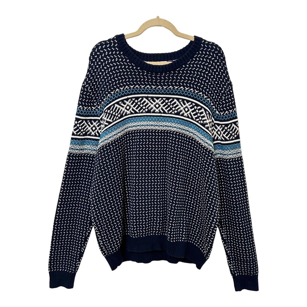 Merona Mens Fair Isle Nordic Knit Sweater 2XL Blue Aqua Cream Pullover Cotton